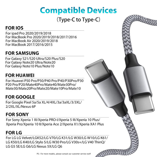 60W PD USB-C to USB-C Fast Charging Cable Nylon Braided Type-C Data Cord 1M/2M/3M/5M/8M for iPhone Samsung Xiaomi MacBook