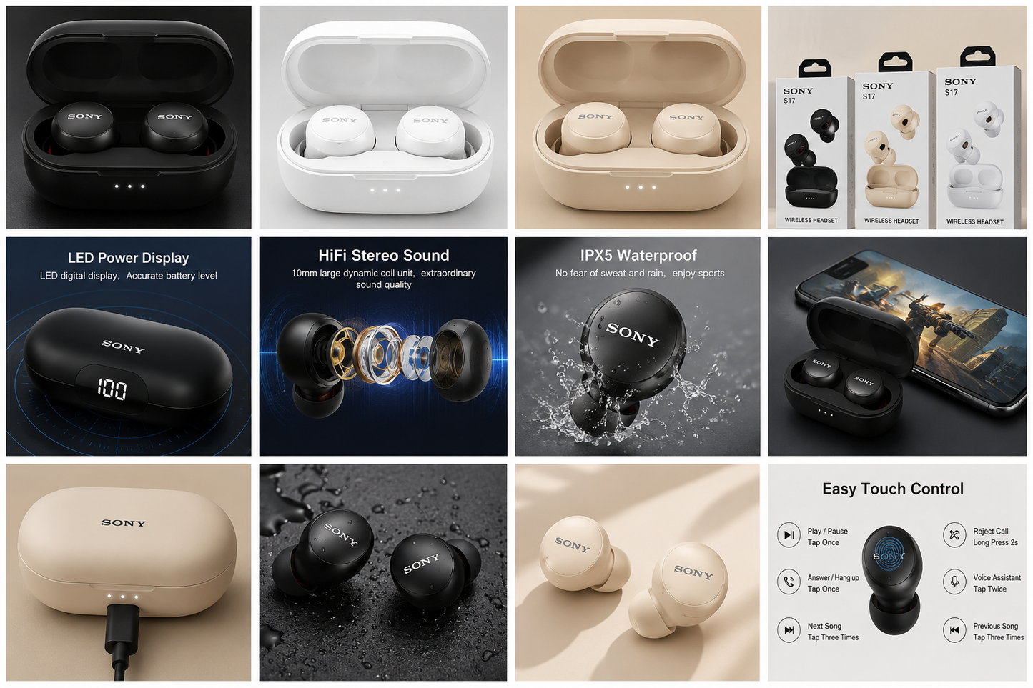 SONY S17 Bluetooth-headset – Trådlösa sporthörlurar in-ear med HiFi-stereoljud